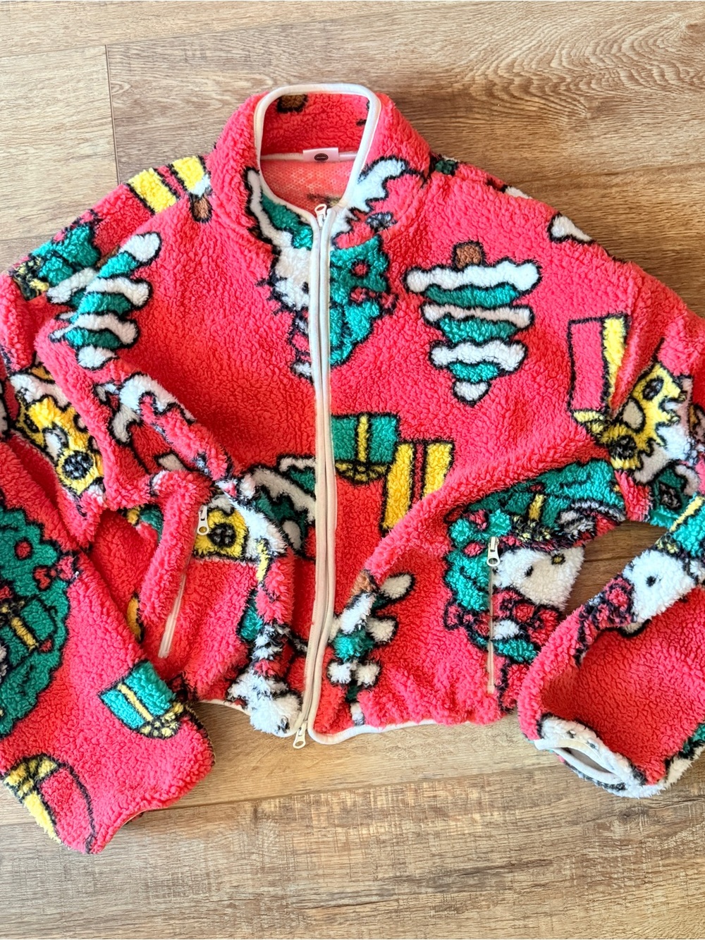 Hello Kitty Christmas Zip Up Fuzzy Jacket Sweater Red White Holiday KawaiI M